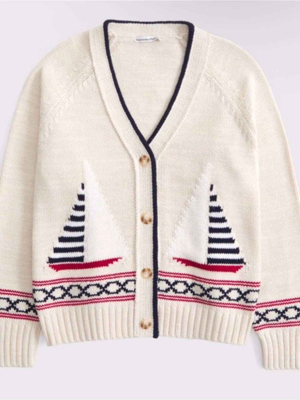 Nautical Sailboat Cardigan Sweater - Cream/Navy/Red